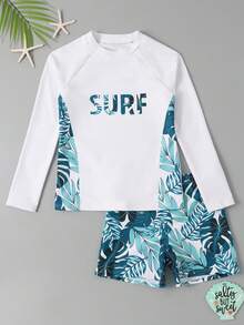Tween Boy Letter & Tropical Print Beach Swimsuit Kids Swimming ,Kids Beachwear Summer Holiday