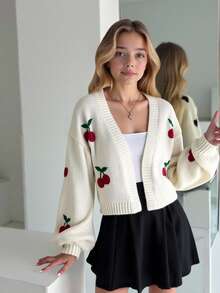 SHEIN Girlism Tween Girl White & Red Cute Cherry Fruit Embroidery Versatile Knit Cardigan Sweater,In Fall/Winter Cherry Cardigan White Cardigan - Red and White - View 2