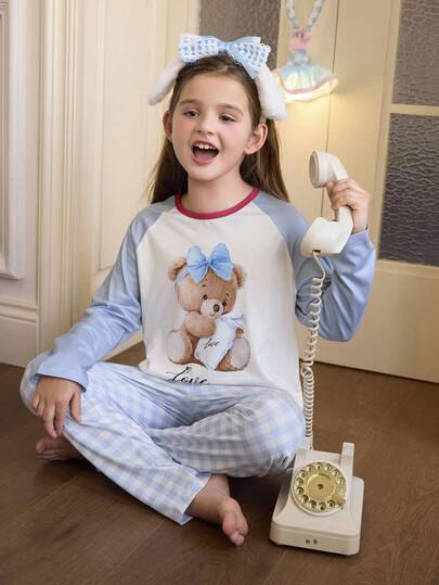 卡通熊格子印花撞色圆领插肩袖女童睡衣