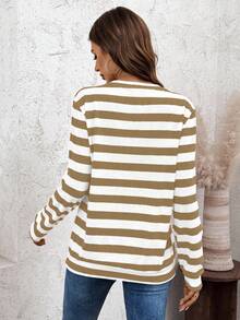 SHEIN LUNE 女式运动休闲条纹圆领休闲舒适基本款运动衫 - 棕色 - 查看 2