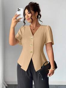 Elenzga Áo len cardigan cài nút hoa hồng thời trang cỡ lớn - Màu Khaki - Xem 4