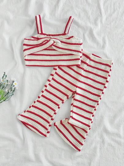 SHEIN Vintaside Kids Babygirl 女婴时尚高端条纹吊带背心和配套条纹阔腿裤套装，非常适合夏季露营、度假、休闲或派对场合