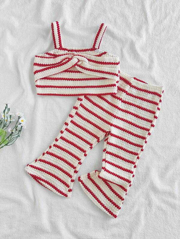 SHEIN Vintaside Kids Babygirl 女婴时尚高端条纹吊带背心和配套条纹阔腿裤套装，非常适合夏季露营、度假、休闲或派对场合