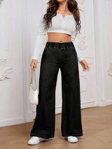 EMERY ROSE Plus Size Women's Casual Versatile Elastic Waist Baggy Jeans - Black - View 4