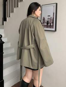 Dazy Plus Plus Size Women Stand Collar Long Sleeve Tie Waist Casual Trench Coat, Spring/Autumn Jacket