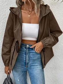 EMERY ROSE Women's Casual Drawstring Waist Hooded Pocket Jacket - Chocolate Brown - View 1