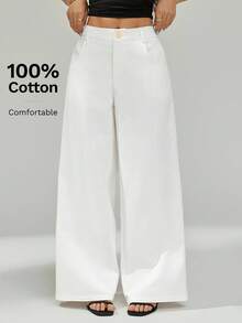 SHEIN PETITE 女士通勤优雅100%纯棉舒适透气秋冬春夏阔腿通勤长裤 - 白色 - 查看 4