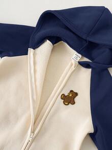 SHEIN Baby Boys Cute Color Block Thermal Lined Hooded Jumpsuit With Bear Pattern, Thickened For Autumn/Winter Fall - Navy Blue - View 4