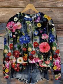 SHEIN LUNE Lässiges, minimalistisches Damen Sweatshirt mit Blume Muster und weitem Rundhalsausschnitt, geeignet für Herbst/Winter