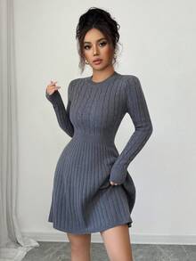 Elenzga Women's Casual Braided Knit A-Line Sweater Dress - Grey - View 4