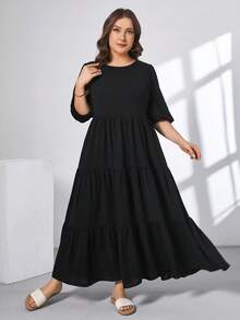 SHEIN Essnce 大码女式黑色连衣裙、可爱连衣裙、超宽松长裙、节日连衣裙、海滩度假服装、音乐会服装、女士夏季服装、女士夏季连衣裙、女士春季服装、女士音乐会服装、女士复活节连衣裙、孕妇装、摄影服装、女士节日服装、女士端庄连衣裙 - 黑色 - 查看 4