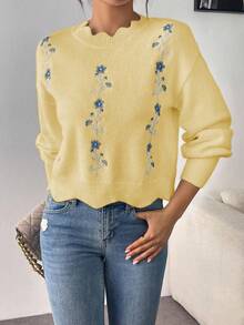 EMERY ROSE Loose Fit Floral Embroidered Sweater With Lace Collar, Autumn/Winter - Yellow - View 4