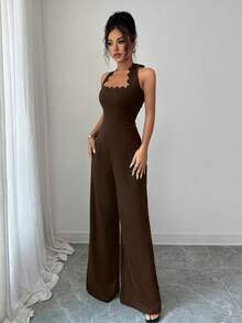 Selianne Women's Elegant Wavy Halter Wide Leg Jumpsuit, Suitable For Commuting, Dating, And Vacation - Brown - View 6