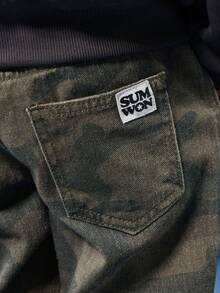 SUMWON Cotton Kids Pull On Camouflage Print Barrel Jeans Relaxed Fit Autumn Winter Denim Pants With New York Logo Print Comfort Waistband Fall - Army Green - View 6