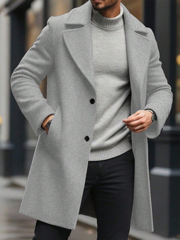 Manfinity Mode Casual Solid Color Business Long Sleeve Button-Up Overcoat For Men, Fall Winter