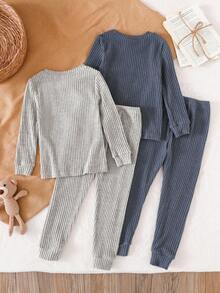 4pcs/Set Young Boy Comfortable Soft Gray & Blue Long Sleeve Top And Pants Pajama Set, Spring/Autumn/Winter Fall - Multicolor - View 2