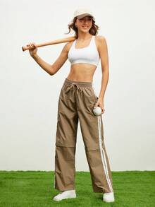 SHEIN Cheerettes 女式抽绳腰侧条纹印花口袋休闲宽松运动裤 - 駝色 - 查看 2