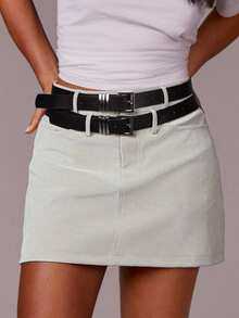 Athîral Women's Fashionable Versatile Commuter Khaki Mini Skirt With Belt,Workwear Skirt, PU Leathe Fabric, Autumn Women's Clothing, Office Clothing, Sexy Siren Clothing, Teacher's Day Clothing, Old Money Style Clothing, Suitable For Going Out, Work Formal Skirt, Business Casual Women's Clothing - Apricot - View 1