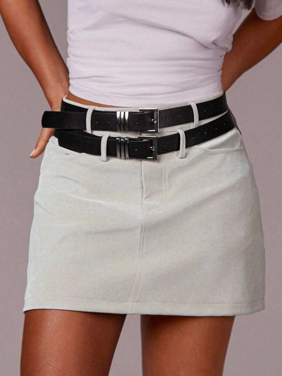 Athîral Women's Fashionable Versatile Commuter Khaki Mini Skirt With Belt,Workwear Skirt, PU Leathe Fabric, Autumn Women's Clothing, Office Clothing, Sexy Siren Clothing, Teacher's Day Clothing, Old Money Style Clothing, Suitable For Going Out, Work Formal Skirt, Business Casual Women's Clothing - Apricot - View 1