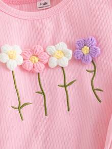 SHEIN Playful Pals 2pcs Newborn Girl Spring/Autumn Fashion Sweet Cute Pink Ribbed Long Sleeve Jumpsuit With Embroidered Flower Decor, Paired With Matching Pink Flared Pants And Headscarf Set, Suitable For Daily Wear And School Fall Winter