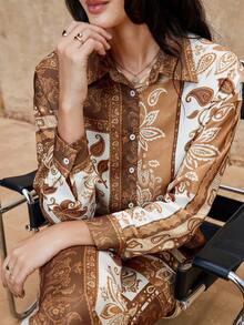 SHEIN Privé VITNOS Women's Two Pieces Set,Brown And Cream Floral Print Shirt And Pants,Boho Long Sleeve Drop Shoulder Elegant Outfit,Autumn Vacation Holiday - Multicolor - View 9