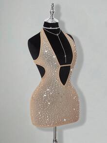 SHEIN ICON 女式杏色深 V 领水钻透视露背迷你连衣裙，性感派对和活动适用 - 杏色 - 查看 5