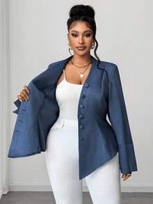 Maweii Plus Size Women Deep V Sexy Bodycon Long Sleeve Blouse, Elegant Office Wear For Spring & Autumn - Blue - View 5