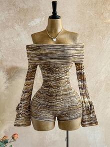 Soleia 女士休闲撞色镂空露肩喇叭袖针织连体裤 - 彩色 - 查看 8