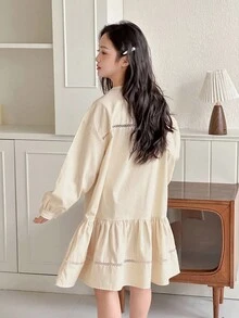 DAZY Tween Girls Round Neck Long Sleeve Woven Dress - Beige - View 5