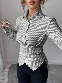 Elenzga Áo cánh sọc chéo màu vàng mù tạt cỡ tiêu chuẩn dành cho nữ - Đen và trắng - Xem 3
