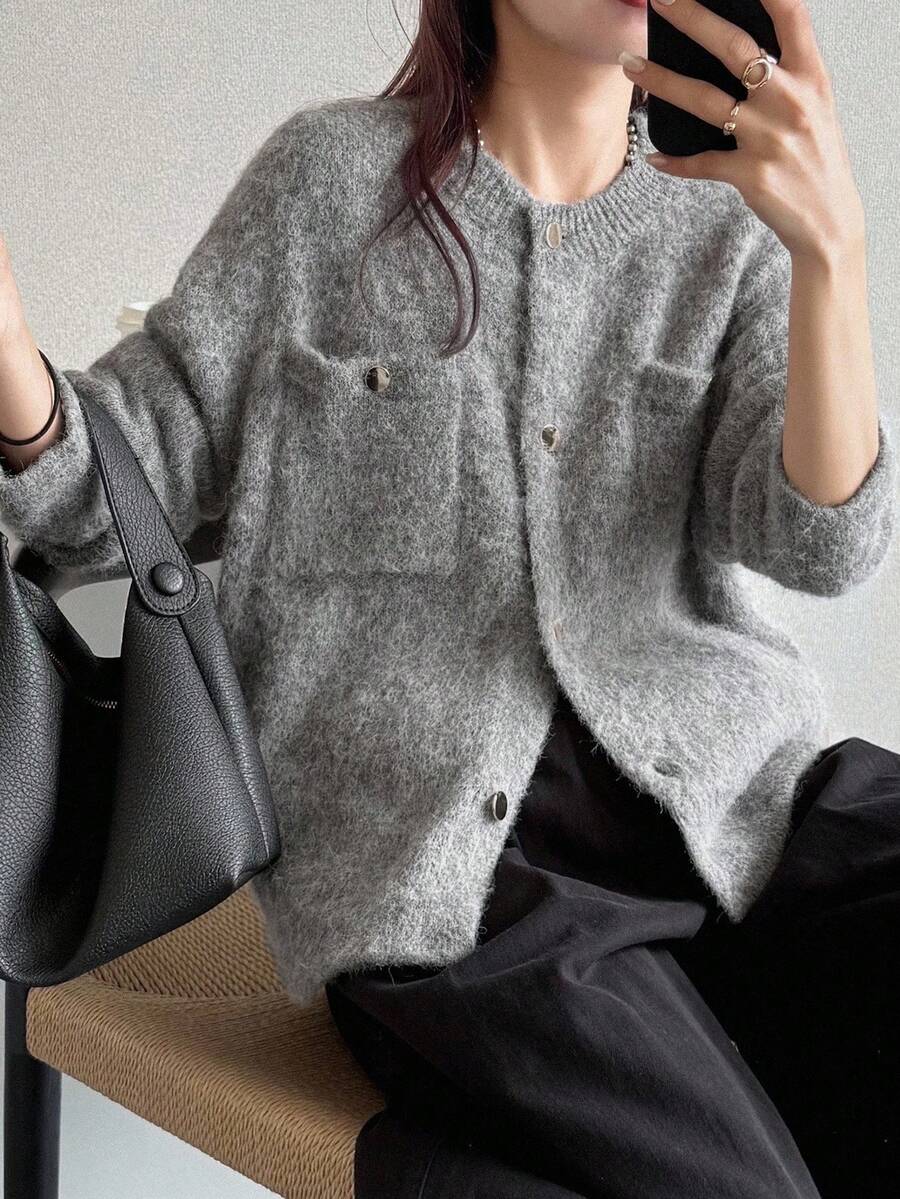 FRIFUL Women's Light Gray Round Neck Drop Shoulder Long Sleeve Pocket Decor Loose Casual Cardigan, Versatile For Autumn - Dark Grey - View 1