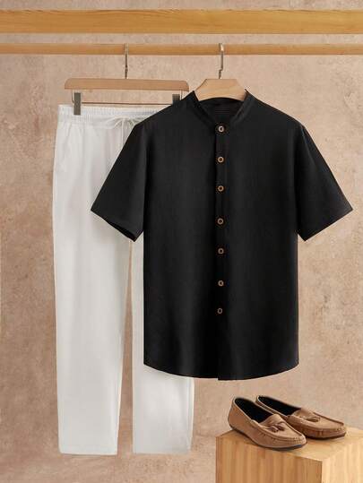 HIMLAND Conjunto de 2 piezas de camisa de manga corta holgada tejida casual y pantalones rectos con cordón en la cintura para hombre, ropa de otoño