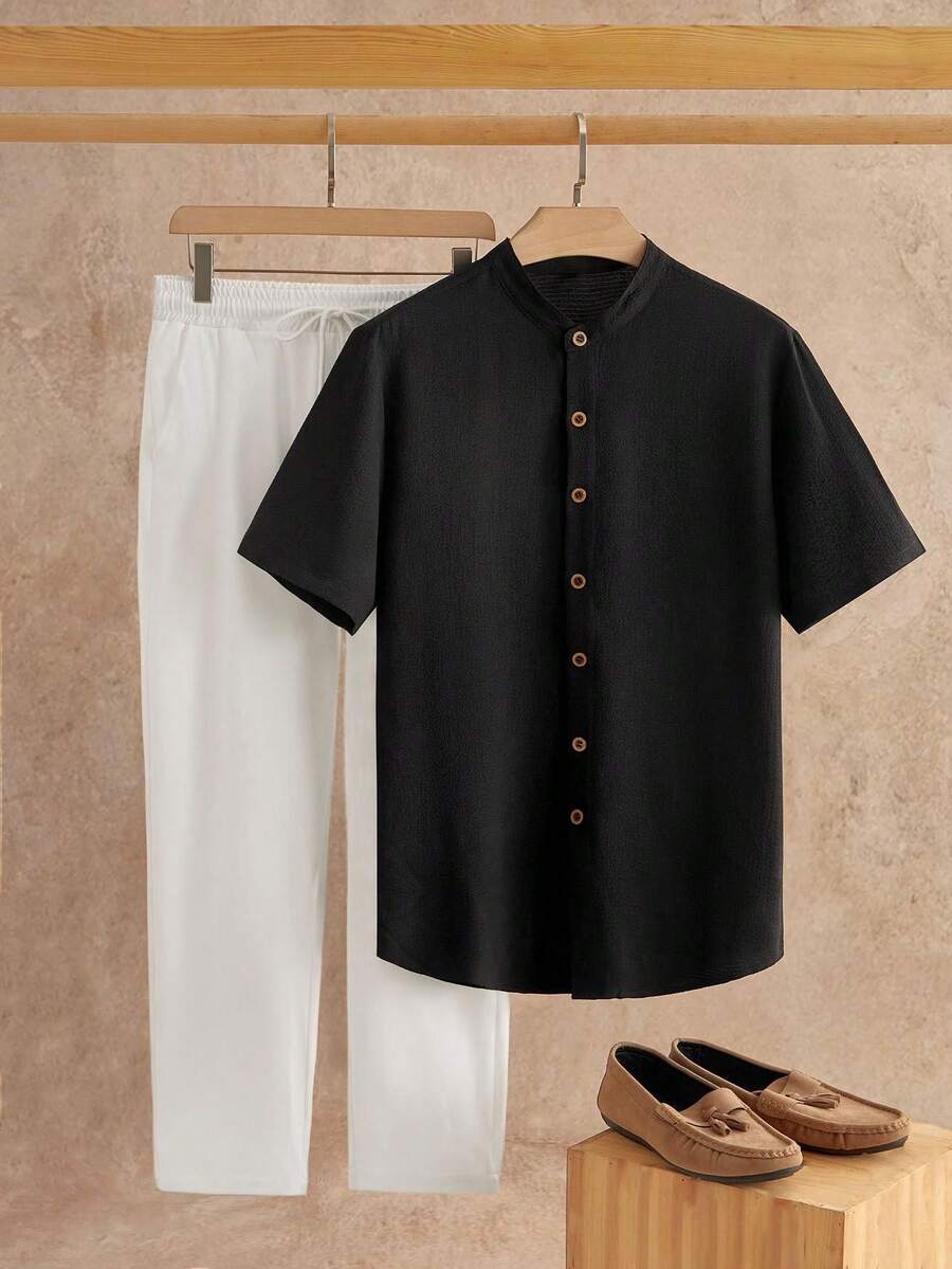 Manfinity NXTstreet 2 件男士休闲梭织宽松短袖衬衫和抽绳腰直筒裤套装，秋季服装 - 彩色 - 查看 1