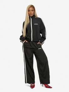 SUMWON WOMEN Women Windbreaker Track Jacket Full Zip Up White Stripe Running Light Weight Stand Collar Casual Outerwear Fall Spring Fashion Streetwear - Black - View 3