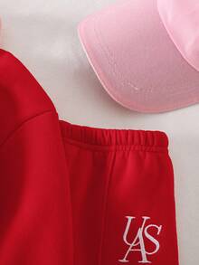 SHEIN 2pcs Baby Girl Fleece Sweatshirt & Pants Set, Embroidered Letter Design, Suitable For Outdoor And Indoor Wear, Autumn/Winter Fall - Red - View 4