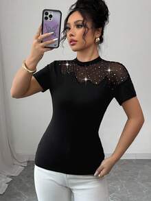 Elenzga Women's Summer Elastic Fitted Crewneck Short Sleeve T-Shirt With Sequins, Mesh Splicing, And Hollow Design, Sexy And Fashionable Casual - Black - View 5