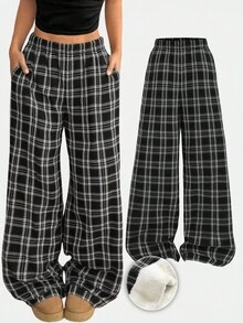 SHEIN Teen Girls' Plaid Thermal Lined Casual Sweatpants Plaid Pants Checkered Pants Teen Baggy Pants Black And White Plaid Pants Loose Pants Fall Winter - Black and White - View 1
