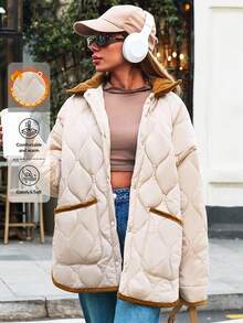 EURMUSE Áo khoác chần bông Golden Accent – Đường khâu kim cương ấm cúng với chi tiết nhung kẻ - Màu be - Xem 1