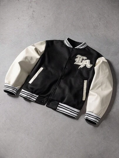 PAVTROS Manfinity Streetrush 男式前扣休闲撞色拼布棒球夹克、百搭飞行员夹克、校园黑白字母夹克，秋季