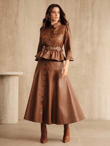 Anewsta Falda acampanada con pliegues nueva para mujer, elegante estilo callejero para conciertos - Caqui - Ver 7