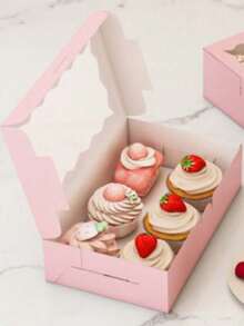 SHEIN Hộp quà bánh ngọt hình vuông (6 chiếc/12 chiếc), có cửa sổ trong suốt, màu hồng, hộp đựng đồ ăn nhẹ cao cấp dùng cho các món tráng miệng, bánh rán, bánh nướng, kẹo, bánh ngọt, bánh muffin, bánh macaron. - Hồng - Xem 7