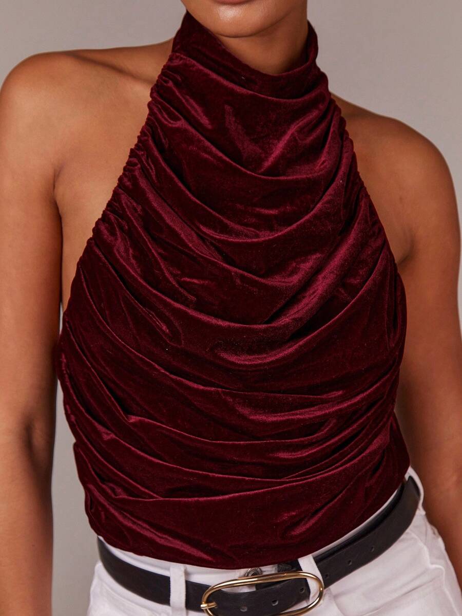 COSMINA Damen Plissee Swing Ausschnitt Trägertop, burgunderrotes Top, elegantes Top, Samtgewebe, geeignet für Partys, Urlaubsoutfits, Cocktailpartys, Dates, Raves, Abendessen und formelle Anlässe - Rot - Übersicht 1