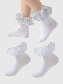 ROMWE Kawaii Women's Fashionable Mid-Calf Socks With Hollow Ruffled Design - Silver white - View 5