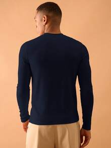 Musero Men Button Placket Long Sleeve Rib Top Summer Streetstyle Vacation Casual - Navy Blue - View 3