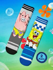 SpongeBob SquarePants | SHEIN 2 Pairs Cute Cartoon Men Soft & Breathable Moisture-Wicking Mid-Calf Socks Fashionable Casual Crew Socks Reinforced Toe & Heel Durability Unisex All Season All-Match Summer Winter,Patrick