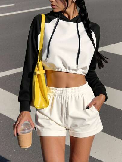 Two Tone Raglan Sleeve Drawstring Crop Hoodie Pullover Fall Outfit