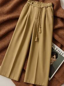 Ontre Pantalones de traje de lino de unicolor, de cintura alta, holgados y casuales, de moda para el verano en otoño/invierno - Caqui - Ver 8