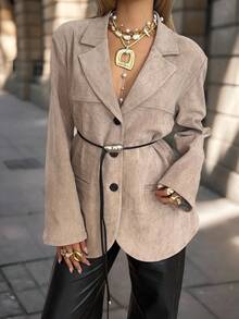 SHEIN EZwear Women's Casual Suede Mottled Lapel Button With Belt Blazer,Fall Clothes For Women, Business Casual Woman - Khaki - View 4
