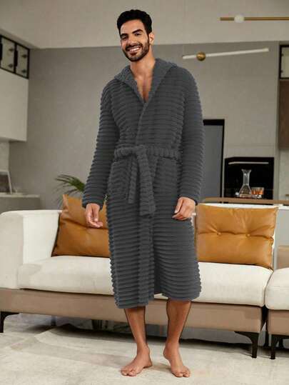 男士新款简约时尚休闲百搭灰色纯色长袖连帽毛绒睡袍，秋冬抓绒睡袍