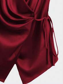 Franclia 女士时尚休闲深V领扭结纯色衬衫 - 酒紅色 - 查看 4